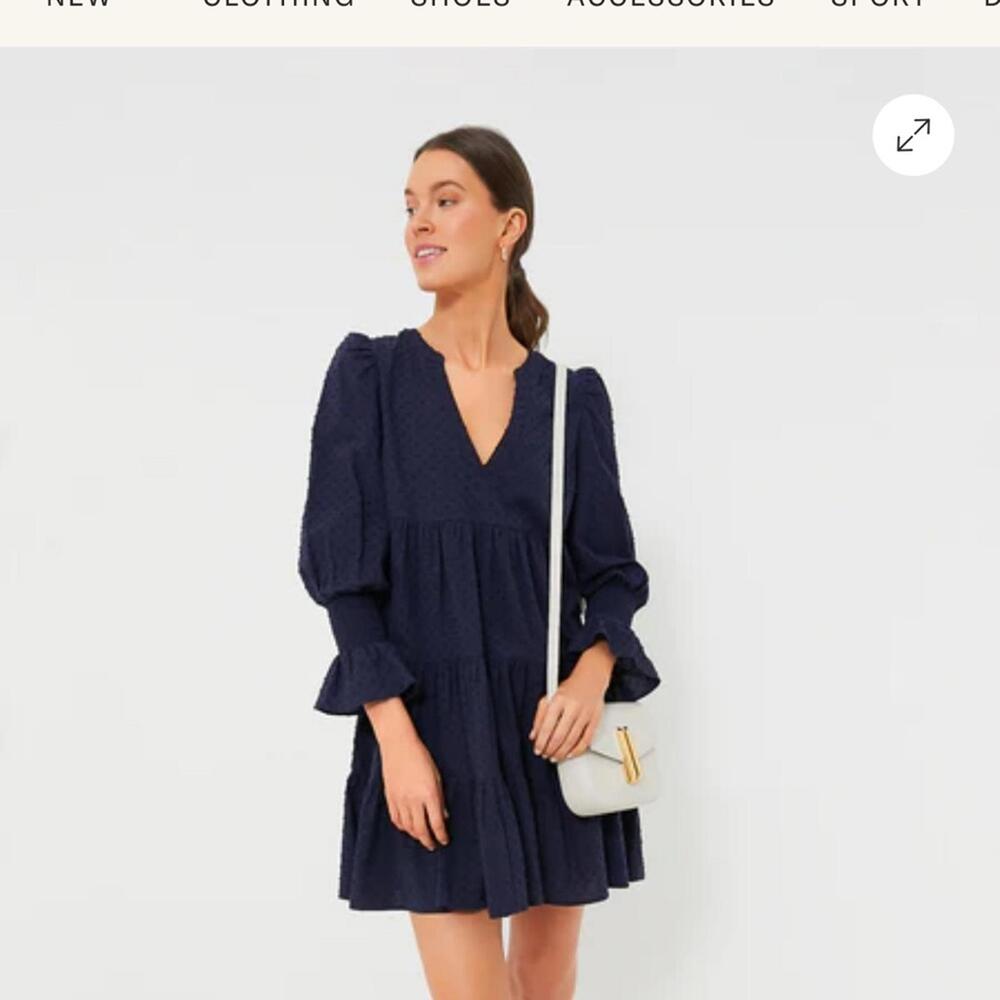 Tucker Neck, Commander Place Kenzo Dress-  Navy Blue Swiss Dot Large